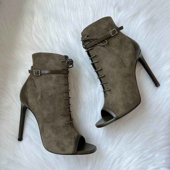 Saint Laurent Women's Paris Army Green Open Toe Suede Ankle Bootie Size 38 - Picture 2 of 6